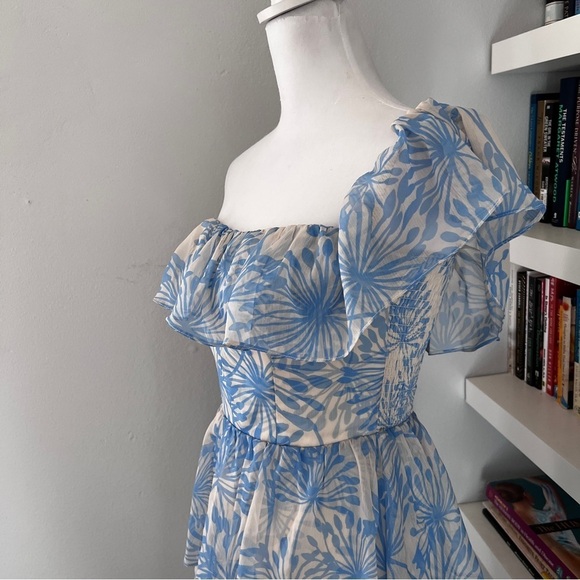 Amanda Uprichard Venezia blue & cream off shoulder midi dress size XS - Picture 6 of 13